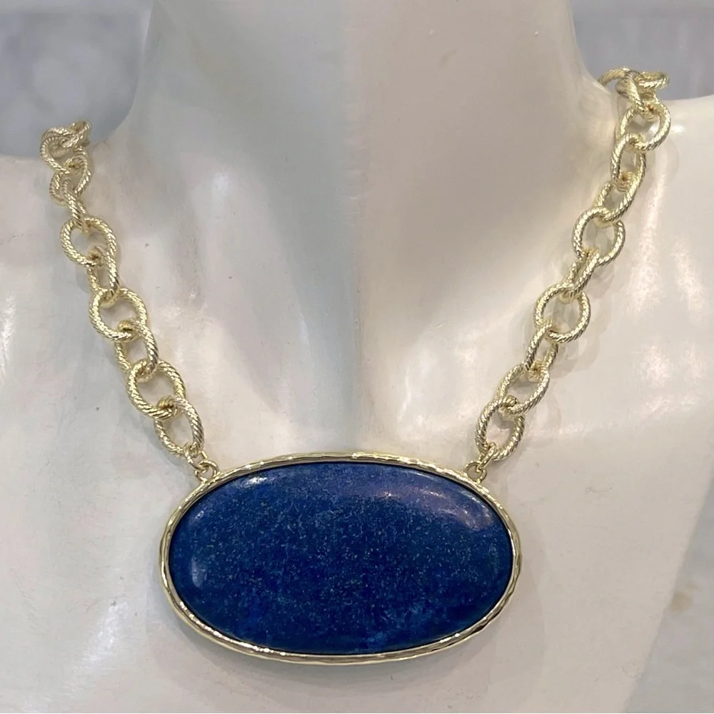 Lapis Lazuli Oval Pendant Fancy Chain Necklace - Picture 2 of 12